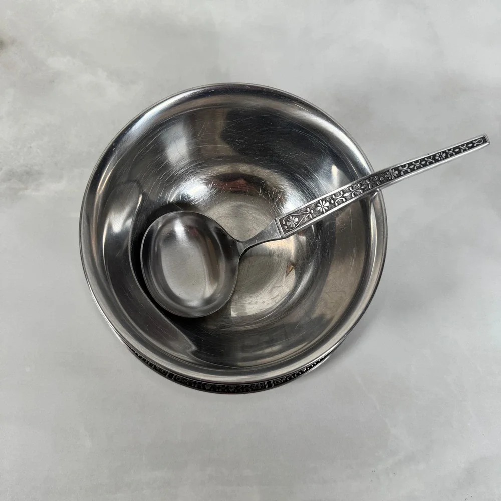 Vintage Cordova Stainless Steel Gravy Boat With Ladle Attached Underplate MCM